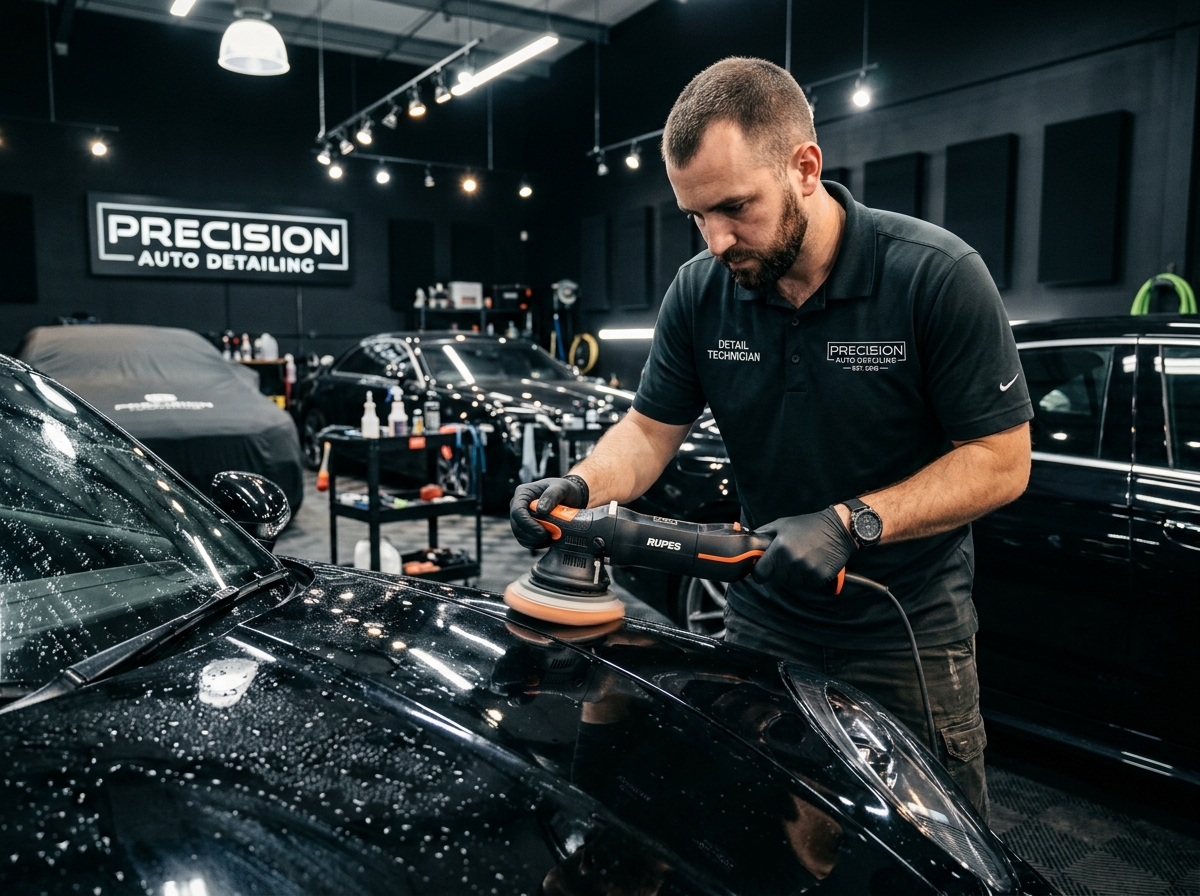 Mirror Finish detailer machine-polishing a car